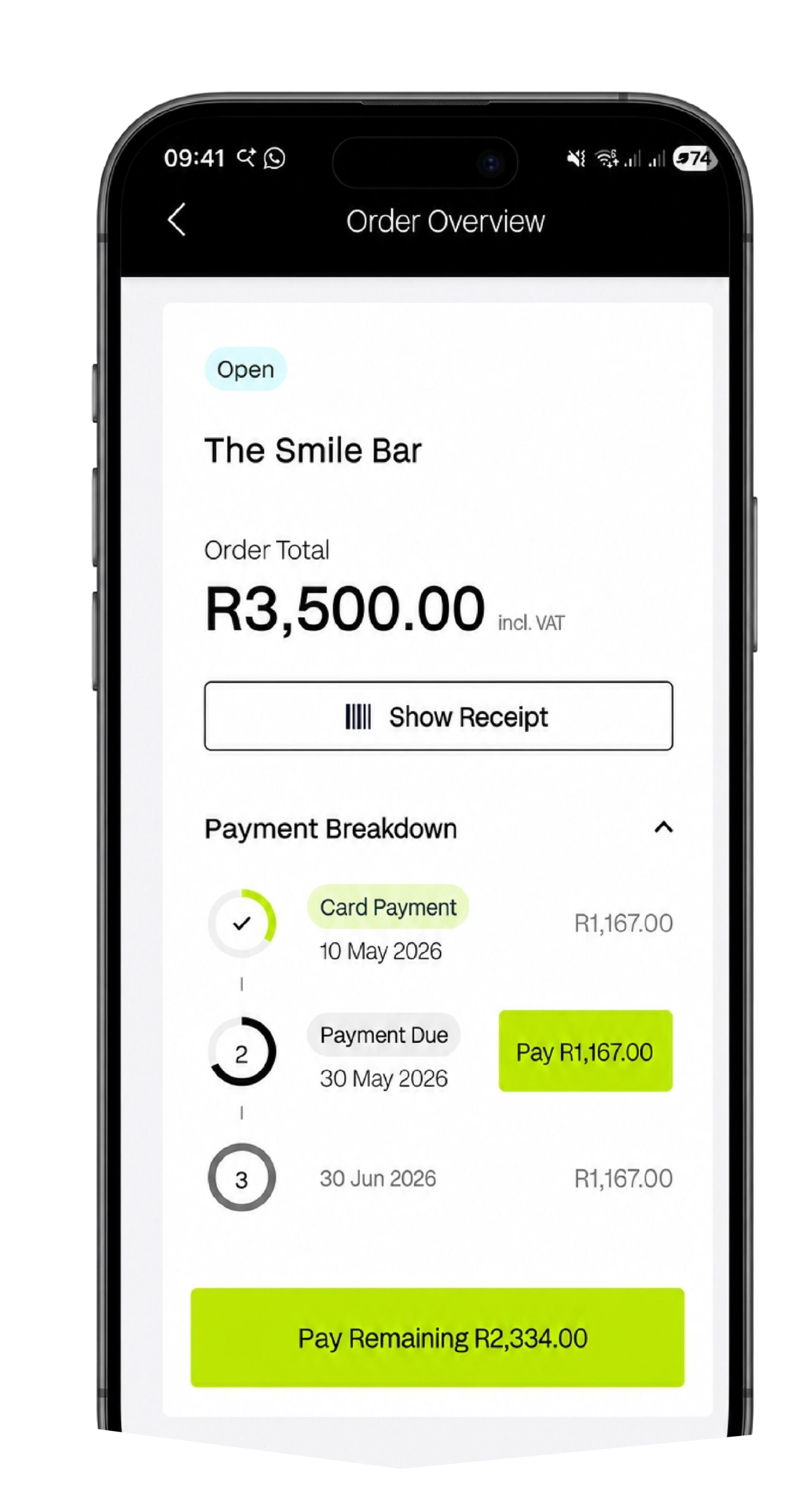 PayJustNow payment overview showing R3500 split into instalments